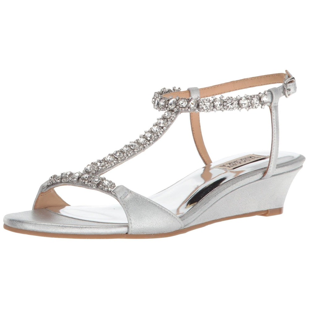 Badgley Mischka Silver Jeweled T-Strap Wedge Sandals